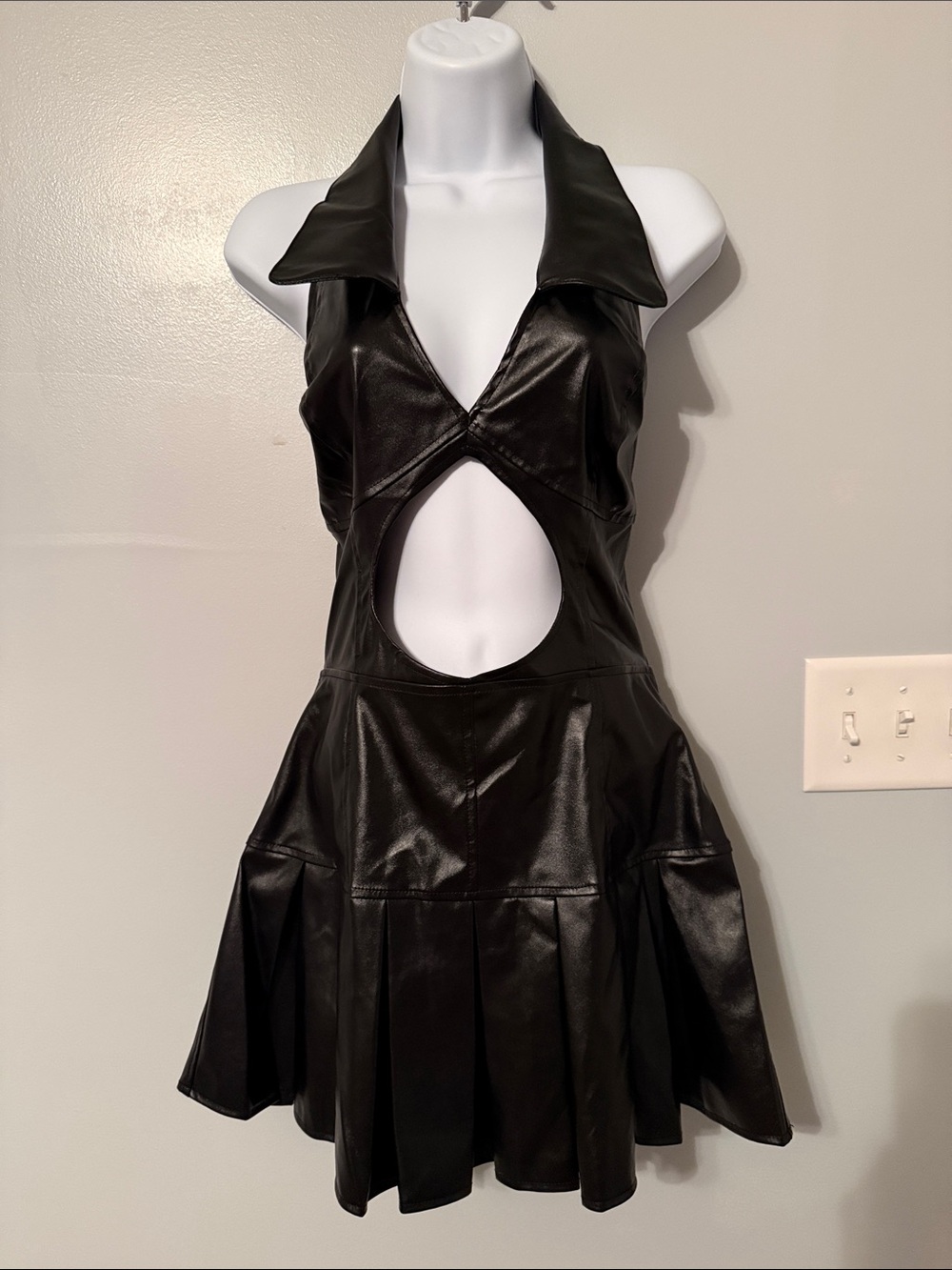 SisterParty Black Faux Leather Halter Cutout Dress